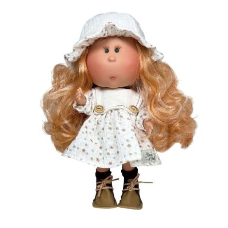 Papusa Nines D'Onil, Mia, cu parul portocaliu, cu palarie alba, cu articulatii, cu miros de vanilie, 30 cm - imagine 10